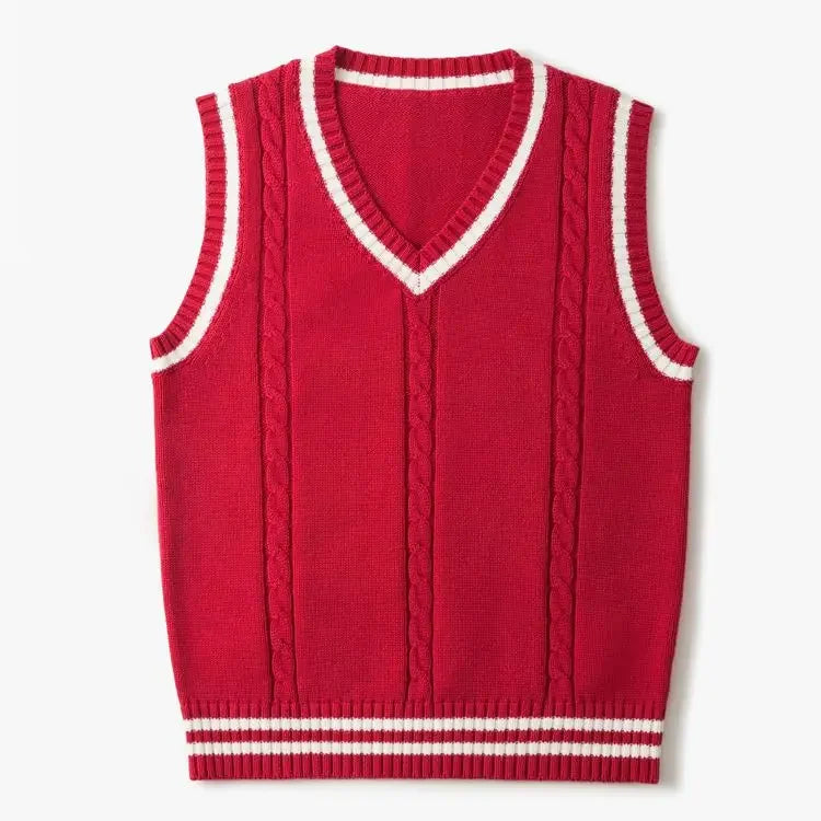 Striped White Knitted Sweaters for Men Blue Sleeveless Man Clothes V Neck Vest Red Waistcoat Jumpers Sweat-shirt Cotton