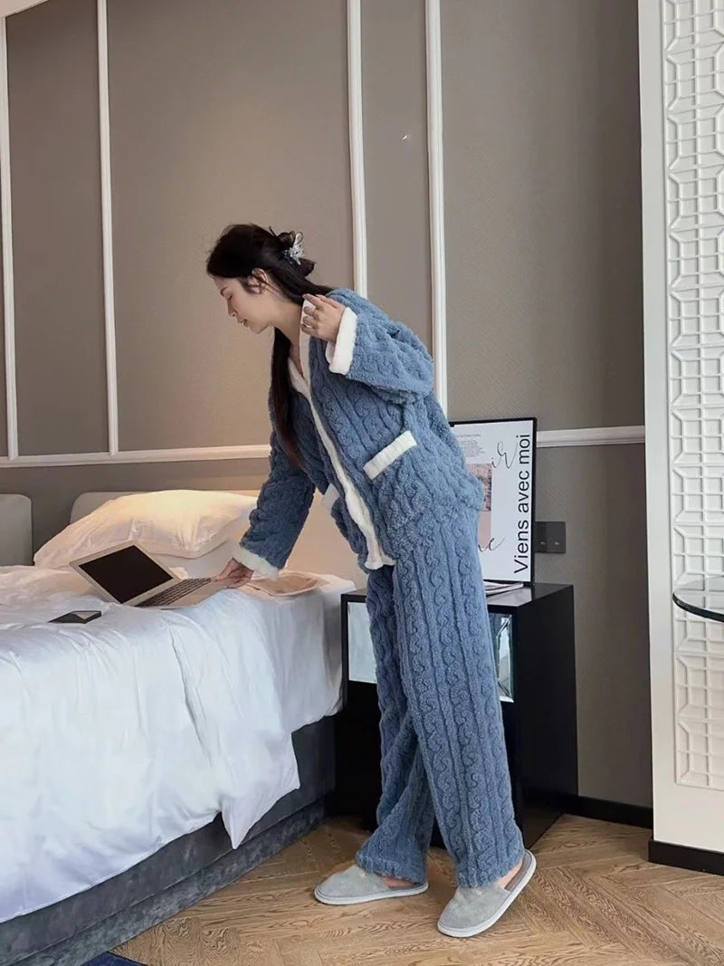 2pcs/Set Autumn And Winter Pajamas Women Thickened Padded Warm Students Coral Girls Clot Velvet Suit Home wear Cardigan Trousers