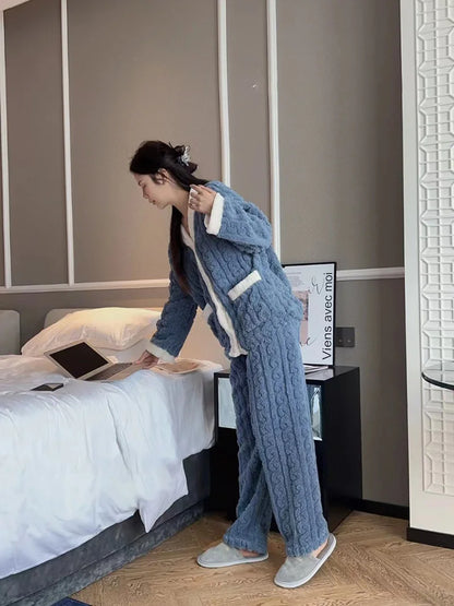 2pcs/Set Autumn And Winter Pajamas Women Thickened Padded Warm Students Coral Girls Clot Velvet Suit Home wear Cardigan Trousers