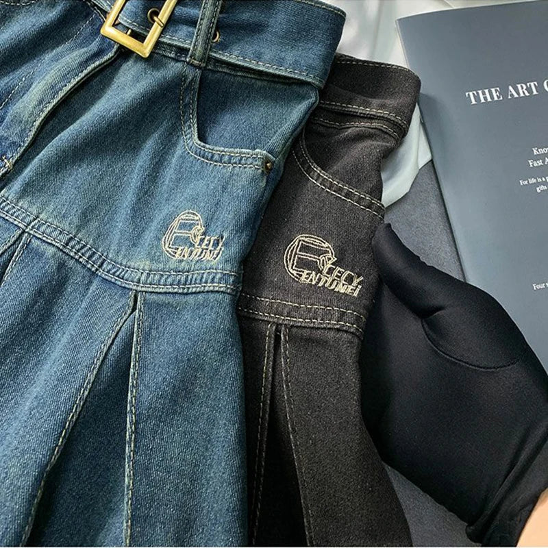 Embroider denim skirt women's clothing spring and summer retro pleated skirt empire look slimmer mini skirt