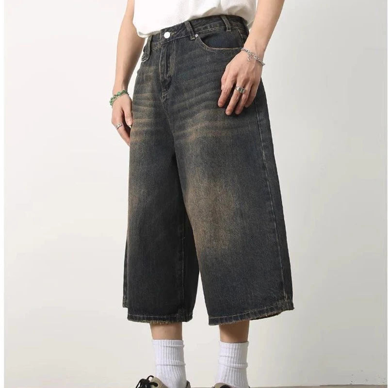 Men Women Y2k Style Baggy Denim Shorts Wide Leg Short Pants Fashion High Waisted Dark Wash Knee Length Loose Unisex Jeans Casual
