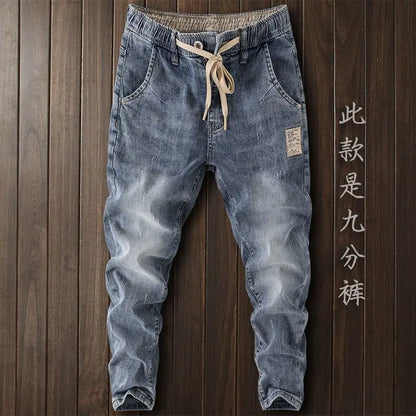 Korean Style Clothes Men's Denim Jeans with Elastic Waistband Drawstring for Washed Autumn Casual Stretch Jeans Male