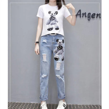 Cartoon Print Short Sleeve T-shirt Perforated Jeans Two Piece Elegant Women's Pants Set Summer Outfit Leisure Sports Suit