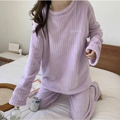 Solid round neck simple coral fleece pajamas for women winter warm velvet casual loose pullover + long pants 2pcs Pajama sets
