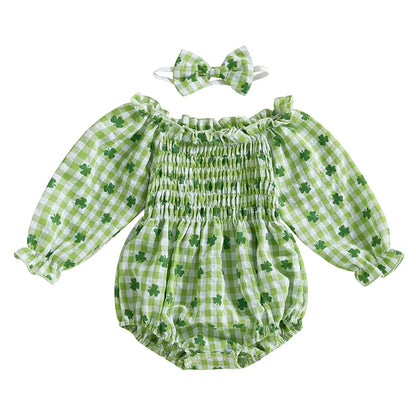 Tregren Infant Baby Girls Valentine's Day Romper Heart Print Long Sleeve Boat Neck Jumpsuits Spring Fall Bodysuits with Headband