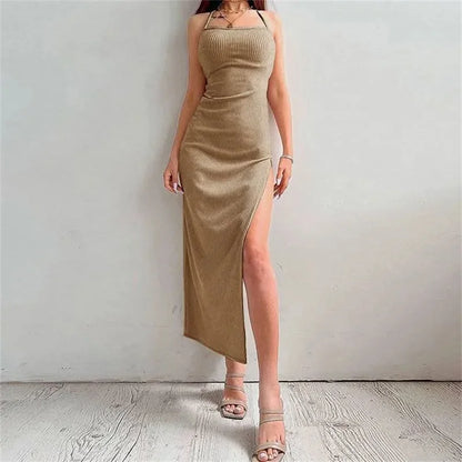 Sexy Black Long Bodycon Dress Women Summer Sleeveless Backless Halter Neck Spaghetti Strap Dresses High Split Vespids