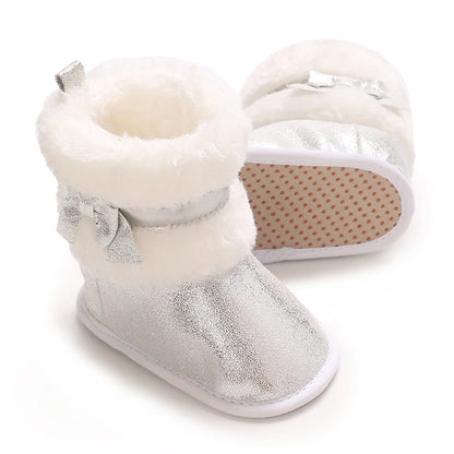 Suefunskry Newborn Baby Girl Winter Warm Plush Boots Shiny Flats with Cute Bows Casual Walking Shoes for Toddler Infant