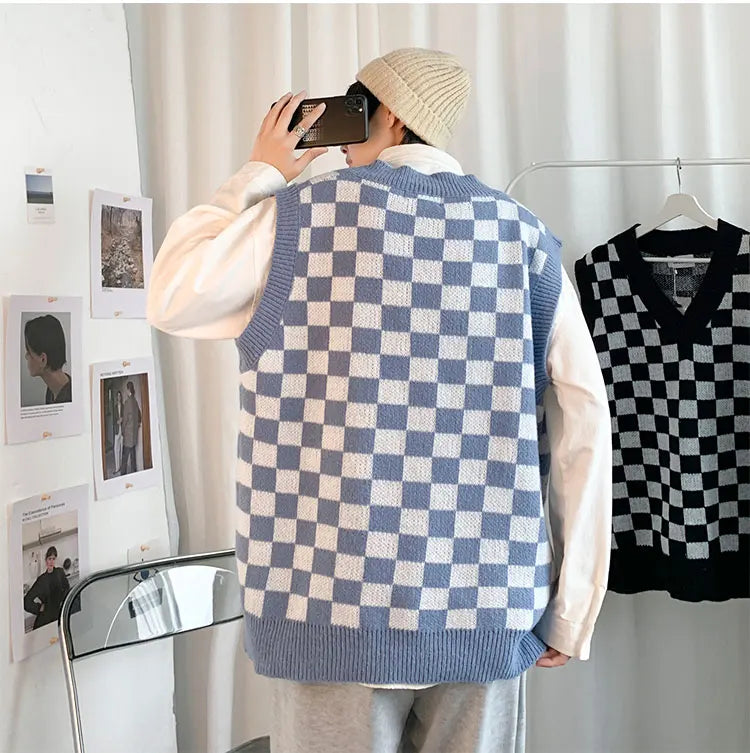 Men Knitted V Neck Japanese Vintage Loose Sleeveless Plaid Vests Chic Pullovers Chaleco Hombre Blue Checkerboard Sweater Vest