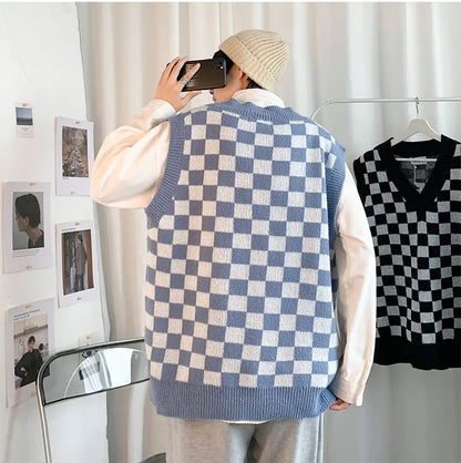 Men Knitted V Neck Japanese Vintage Loose Sleeveless Plaid Vests Chic Pullovers Chaleco Hombre Blue Checkerboard Sweater Vest