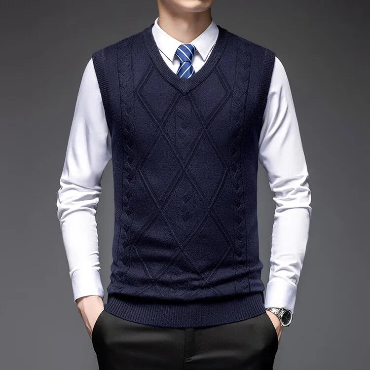 2025 New Trend Men's Business Casual Pullover Wear Warm Sleeveless Wool Knitted Sweater Vest Tops