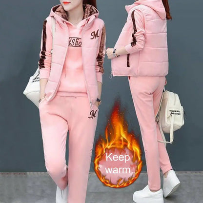 Fashion Warm Three Piece Set Women Outfit 2025 Fall Winter Thicken Tracksuit Casual Waistcoat + Hoodies + Pant Female Sweat Suit