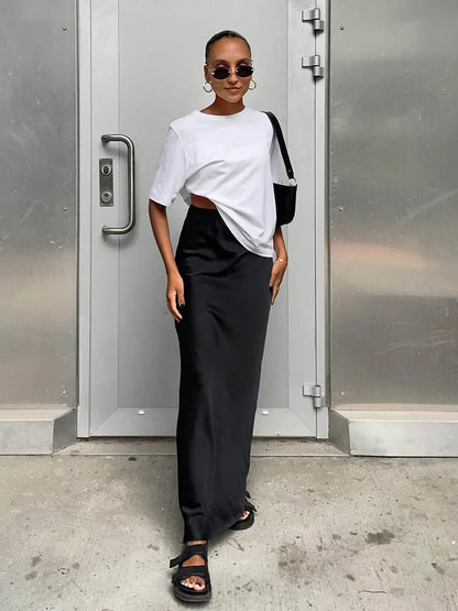 Elegant Satin Black Trumpet Skirts Fashion Slim High Waist Skirts Women Female  Solid Office Long Skirt Spring Summer