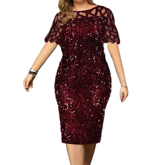 2025 Women Shiny Party Dresses M-5XL Size Evening Clothing O Neck Lace Short Sleeve Sheath Vintage Sequin Wedding Dress Ladies