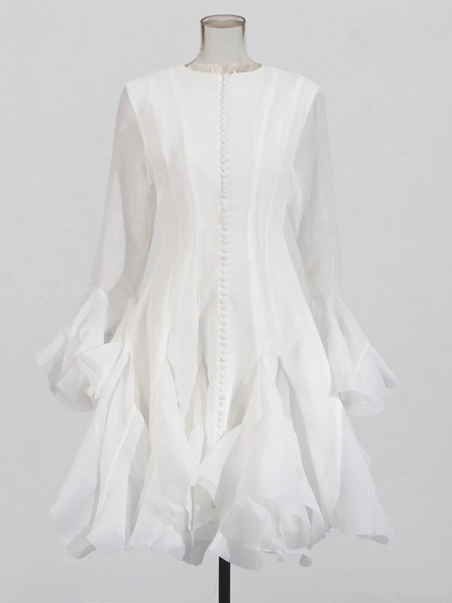 TWOTWINSTYLE Pink Patchwork Ruffle Dress For Women Round Neck Flare Sleeve High Wait Slim Elegant Midi 107CM Dress Female 2025