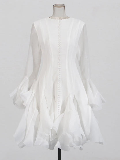 TWOTWINSTYLE Pink Patchwork Ruffle Dress For Women Round Neck Flare Sleeve High Wait Slim Elegant Midi 107CM Dress Female 2025