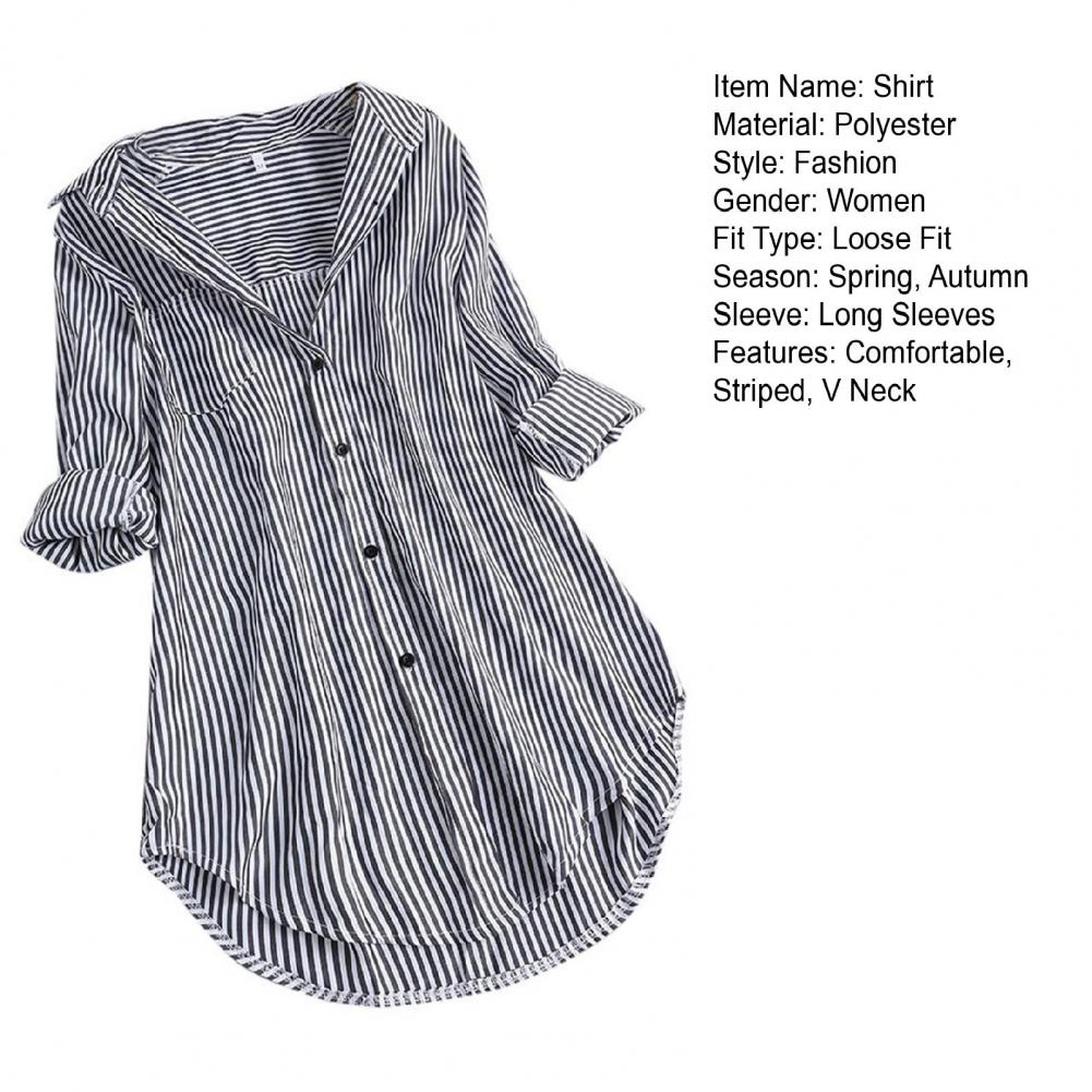 M-4XL Women Tunic Shirt Striped Long-sleeves V Neck Mid Long Turn-down Collar Loose Fit Casual Summer Elegant Ladies Blouse Top