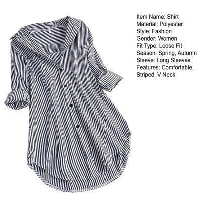 M-4XL Women Tunic Shirt Striped Long-sleeves V Neck Mid Long Turn-down Collar Loose Fit Casual Summer Elegant Ladies Blouse Top