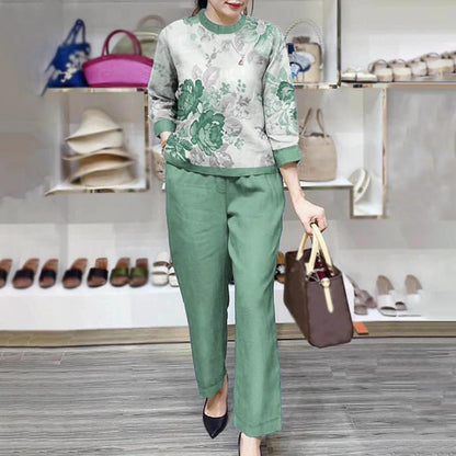 Summer Sets Large Silk Wide Leg Trouser Set Women's Spring 2025 New Print Silk Fashion Slim Two Piece Set Female Elegant