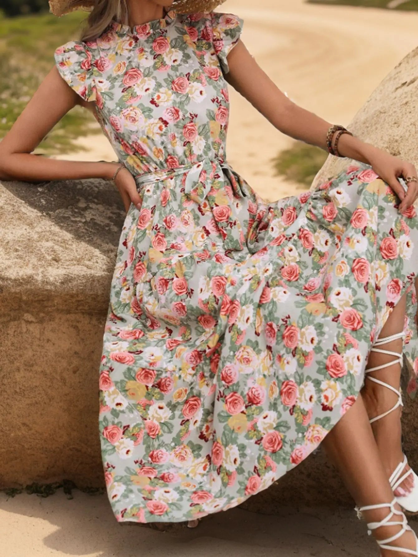 Elegant Floral Prints Dresses For Summer Women Dress 2025 New O-neck Short Flying Sleeves Lace Up High Waisted Midi Dress Woman