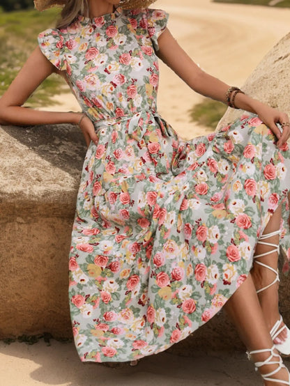 Elegant Floral Prints Dresses For Summer Women Dress 2025 New O-neck Short Flying Sleeves Lace Up High Waisted Midi Dress Woman