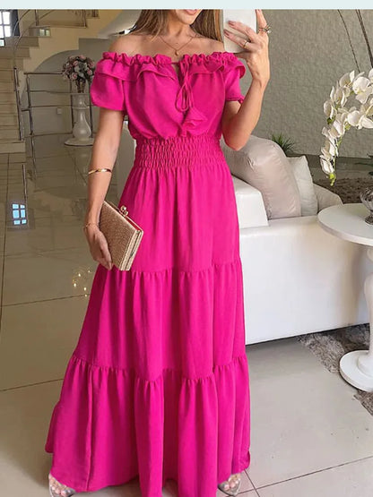 Summer Boho Red Dress Fashion Short Sleeve Beach Long Dress Casual Loose Elegant Holiday Party Dresses For Women Robe Femme 2025