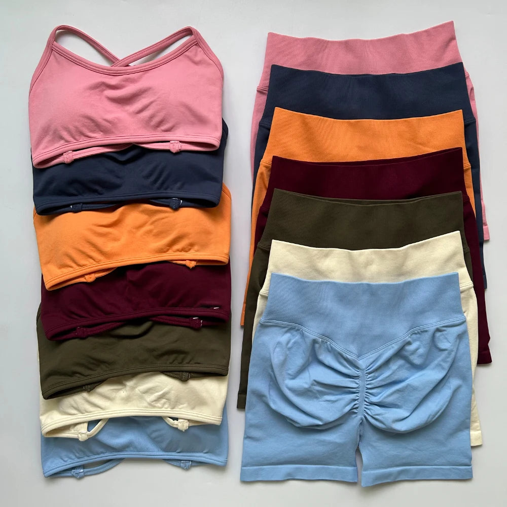 2 Pieces Dynamic Gym Set Women Workout Clothes Scrunch Shorts Set Backless Sports Bra Fitness Top Sportswear Yoga Set Outfits