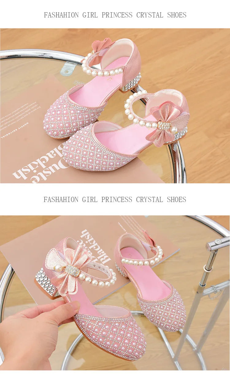 Rhinestones Princess Girls Party Shoes Children Shiny Crystal Bow High Heels Girls Sandals Summer Kids Student Performance Shoes