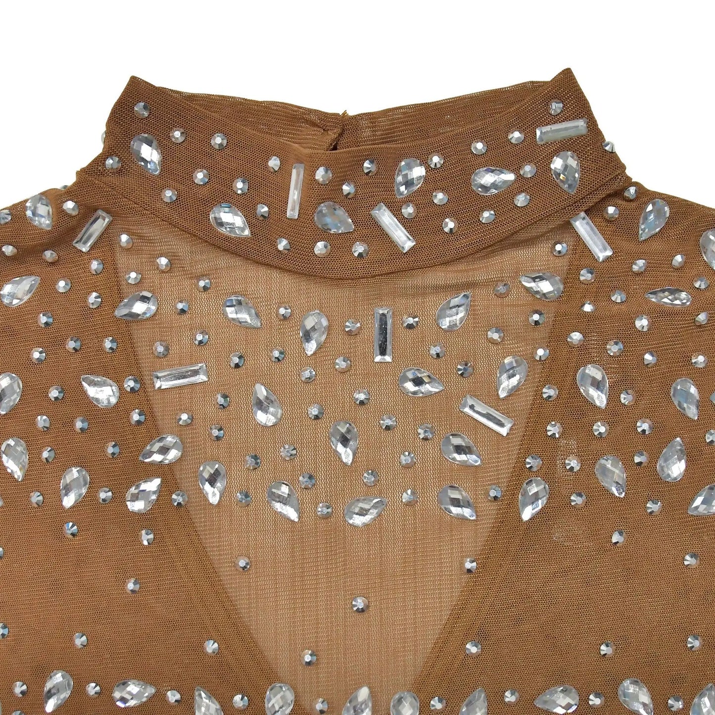 Women Sexy See Through Sheer Mesh Rhinestone Décor Long Sleeve Maxi Party Dress