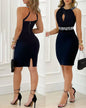 New Sexy Women Black Rhinestone Decor Sleeveless Party Dress Elegant Halter Bodycon Mini Skinny Dress