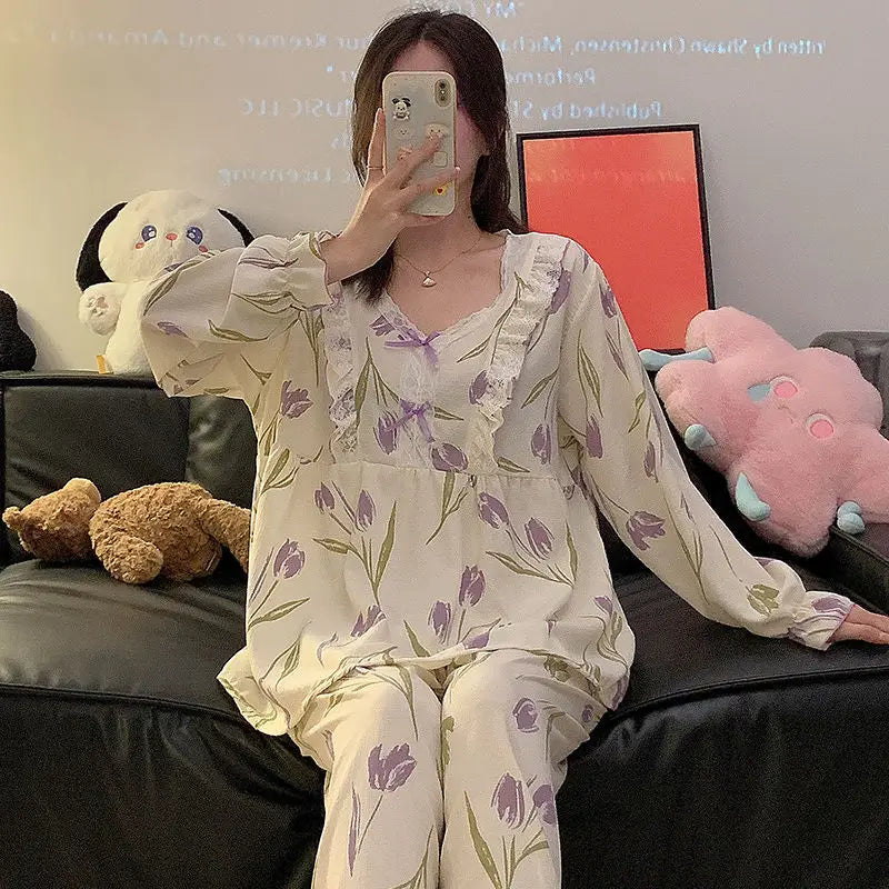5XL Plus Size Pajama Set Women Lace Sweet Home Clothes Spring Autumn Long Sleeve Tops Trousers Loose-fit Comfortable Loungewear