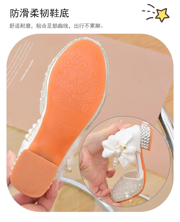 Rhine stones Princess Party Shoes Shiny Crystal Bow White Children High Heels Girls Sandals Summer Kids Student Performance Shoes