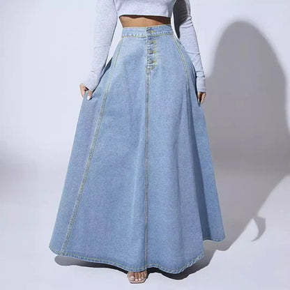 Denim Skirts Women Long Skirt A Line Single Breasted High Waist Jeans Vintage Maxi Simple Casual Elegant Splice Y2k Streetwear