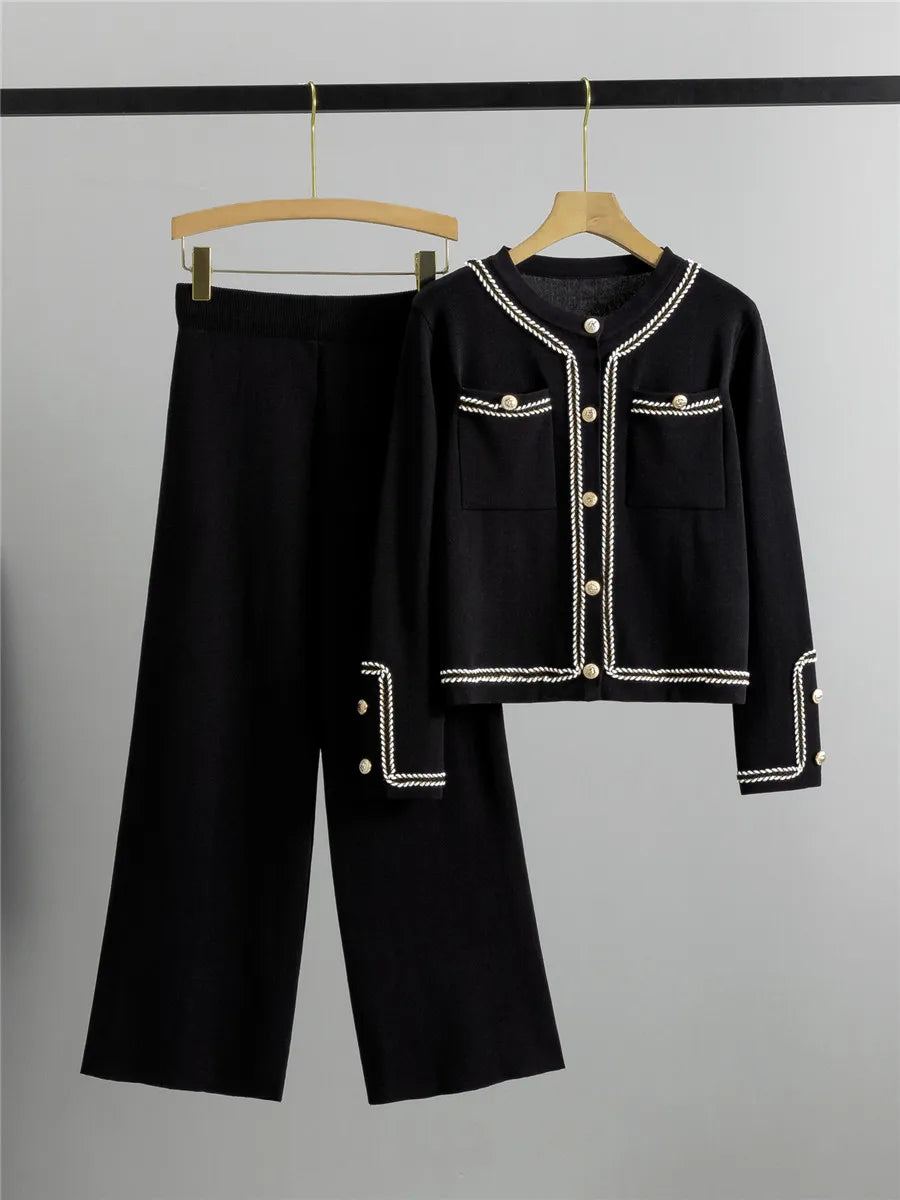 Women Casual Knitted 2 Pieces Sets Korean Cropped Knitwear Sweater Cardigan Tops Conjuntos High Waist Ankle Length Pants Suits