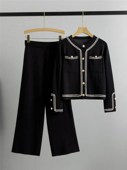 Women Casual Knitted 2 Pieces Sets Korean Cropped Knitwear Sweater Cardigan Tops Conjuntos High Waist Ankle Length Pants Suits