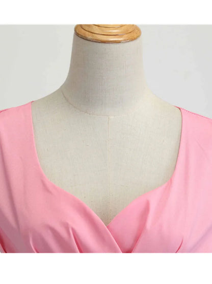 Pink Summer Dress Women V Neck Vintage Robe Elegant Retro pin up Party Office Midi Dresses