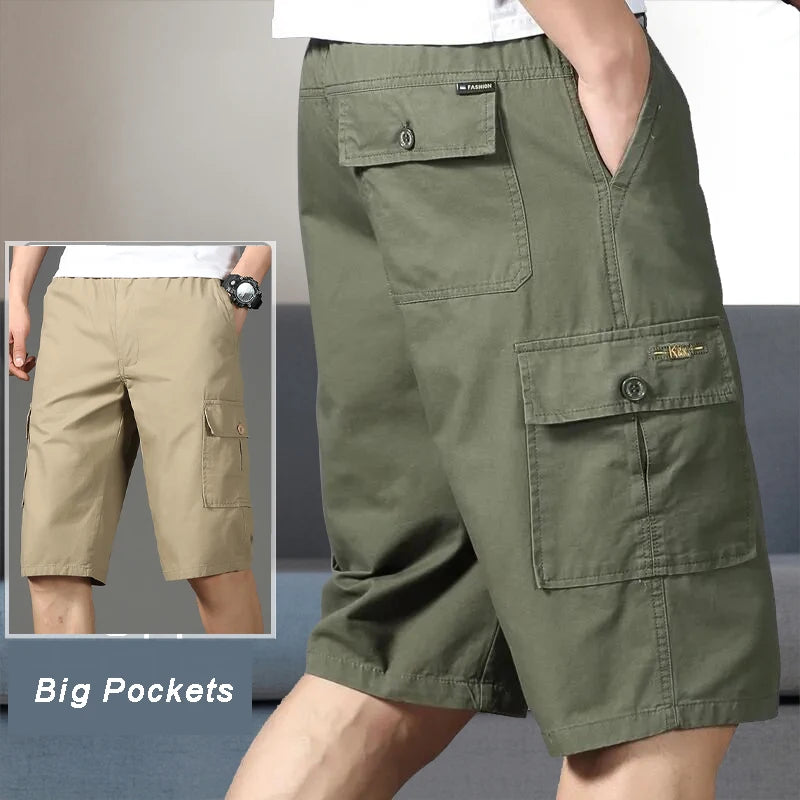 Men's Cargo Shorts Knee Pants Zipper Pocket Summer Cotton Shorts Climbing Jogger Elastic Waist Sports Wear
