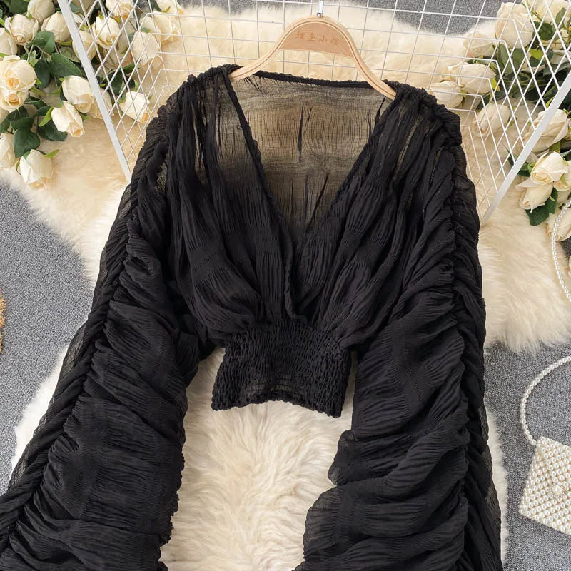 Women Sexy Chiffon Short Blouse Female See Through Super Long Sleeve Purple/Green/Black/White Folds Party Tops 2025 New