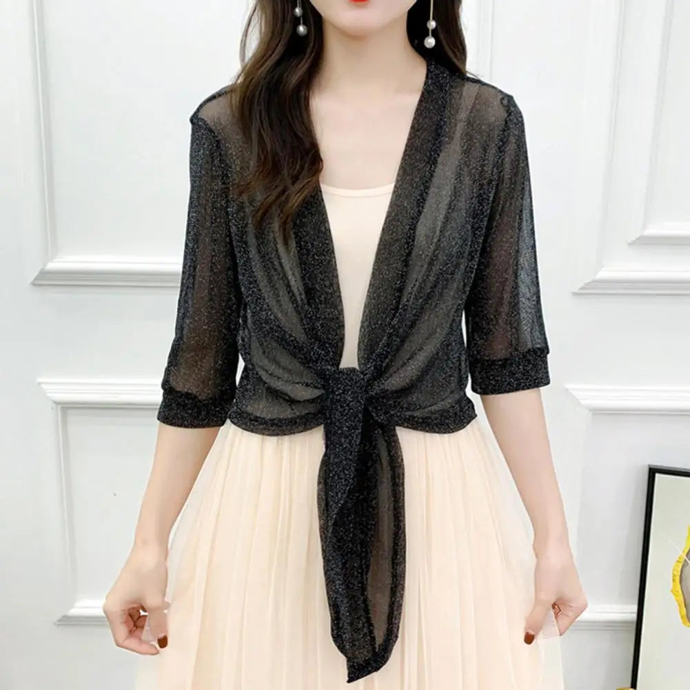 Women's Sheer Glitter Lace-up Cardigan Half Sleeve Summer Lightweight Jacket See-through Loose Blouse Women