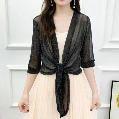 Women's Sheer Glitter Lace-up Cardigan Half Sleeve Summer Lightweight Jacket See-through Loose Blouse Women