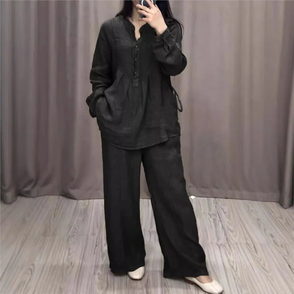 Autumn Fashion Cotton Linen Long Sleeve Half Open Shirt For Women's Suit Casual Pleated Elegant Female Wide Leg Pants 2piece Set
