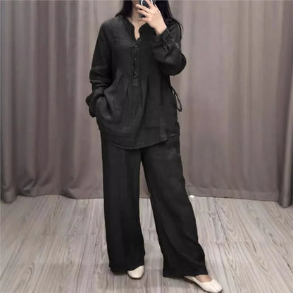 Autumn Fashion Cotton Linen Long Sleeve Half Open Shirt For Women's Suit Casual Pleated Elegant Female Wide Leg Pants 2piece Set