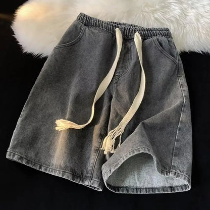 Men Wide-leg Denim Shorts Men's Quick-drying Denim Beach Shorts With Elastic Drawstring Waistband Pockets Summer Wide Leg Shorts