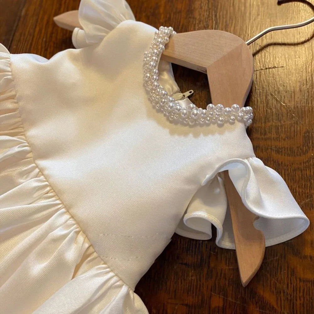 HETISO Baby Dresses for Wedding Pearl Necklace Girl Kid's Dress White Toddler Clothes Elegant Birthday Gown 1-8 Years