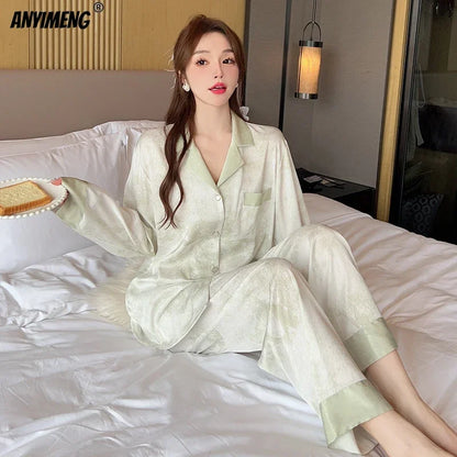 Women Casual Luxury Pajamas Thin Pajamas Female Sleepwear New Elegant Ladies Faux Silk Polyester Dots Pajama Sets Sexy Home wear