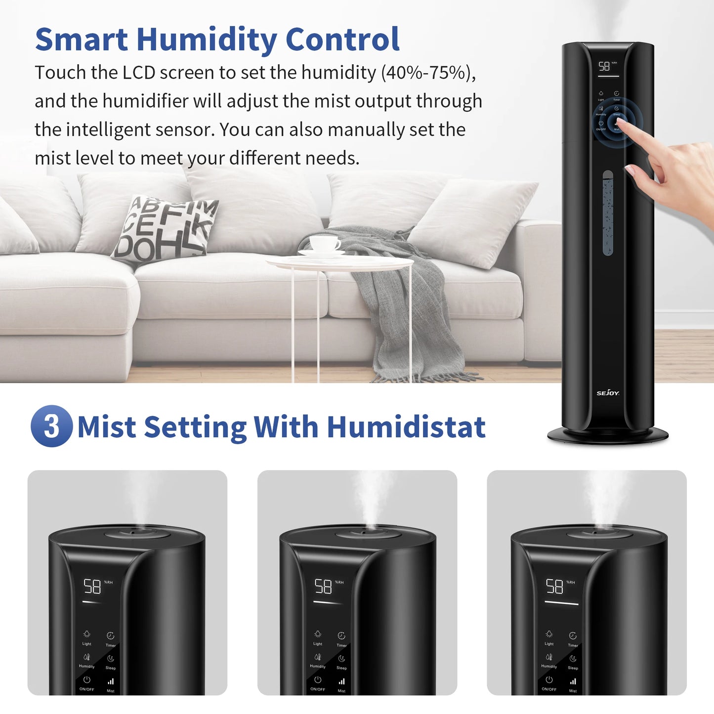 SEJOY Humidifiers for Bedroom Large Room, 9L/2.4Gal Cool Mist Top Fill Humidifier with Essential Oil 360°Nozzle for Baby Office