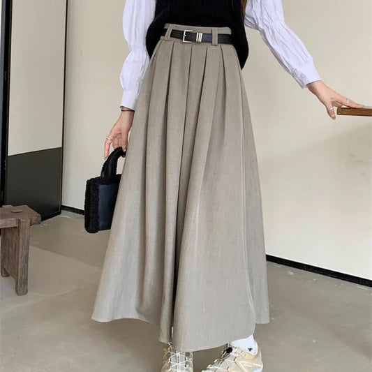 2025 New Korean Skirt Women Solid Color Versatile Mid-length Pleated Skirt Large Swing Type Skirt Female Long Skirts for Women