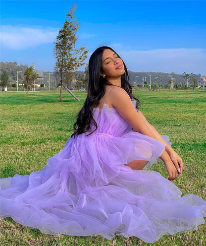 Elegant Mesh Tulle Wedding Party Dress for Women Strapless Off Shoulder High Waist Evening Gowns Formal Occasion Prom Dresses