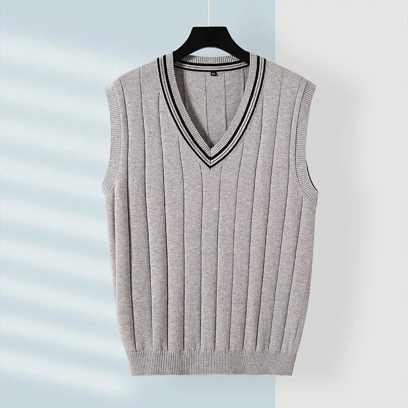 Winter Men Knit Vest Casual Knitted Sweater Cotton Waistcoat v-Neck Knitwear Men's Slim Fit Striped Sweater Vest Man Clothing