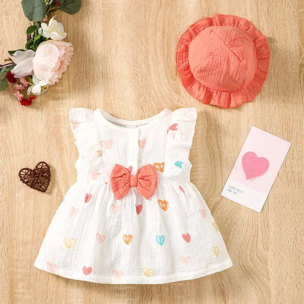 Newborn Baby Girl Sweet Cotton Dress Sleeveless Love Pattern Dress + Hat 2PCS Summer Beach Clothing for Infant Girl 0-9 Months
