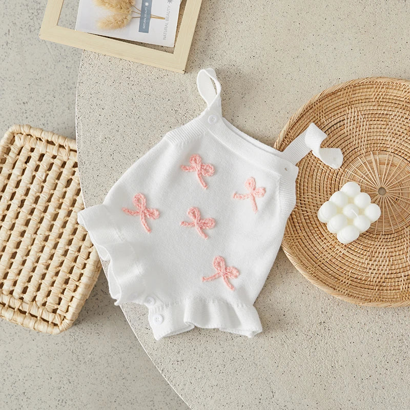 Suefunskry Baby Girl Overalls, Sleeveless Bows Pattern Knit Romper Bodysuit Spring Fall Clothes for Casual Daily